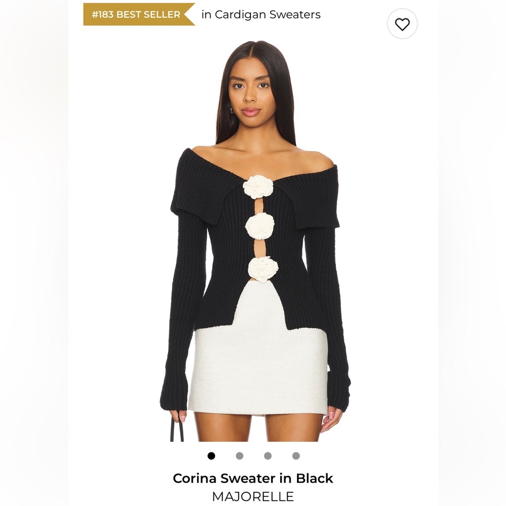 MAJORELLE Corina Off-Shoulder Black Cardigan with Cream Floral Closures